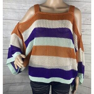 NWT L. Love Cropped Sweater Colorful Striped Cold Shoulder Oversized Top